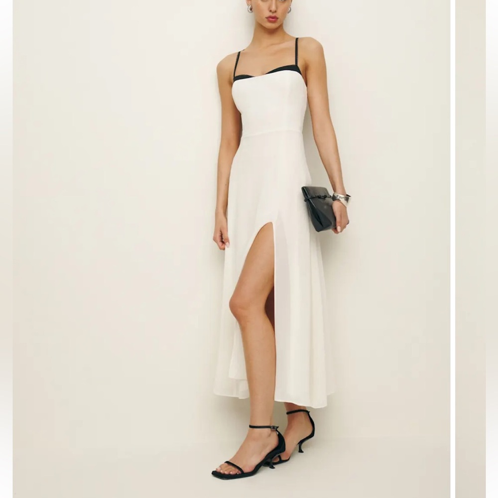 Abrielle Dress by Reformation Creamy White Midi Dress with Slit & Black Straps